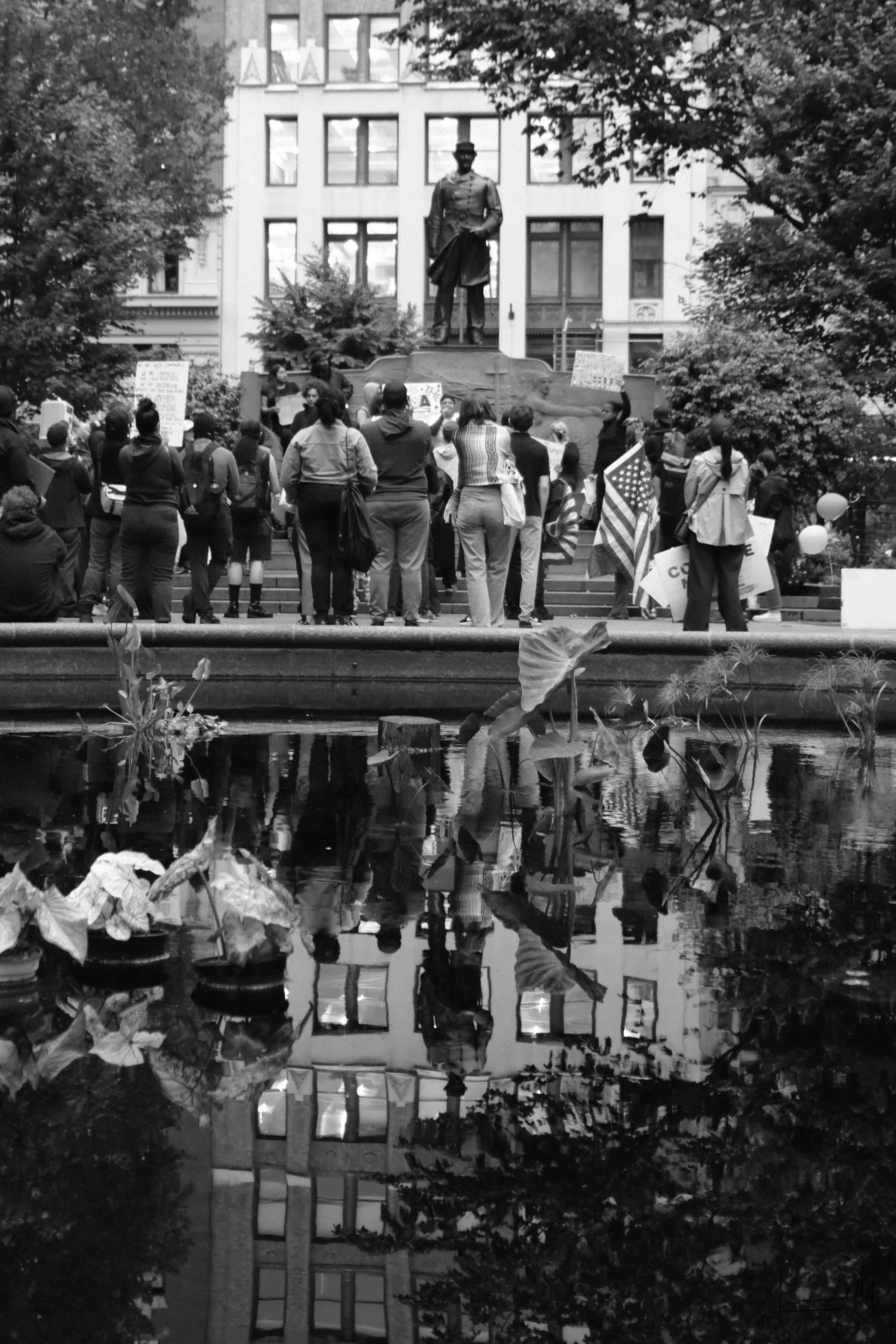 An upward perspective on urban architecture and human scale.